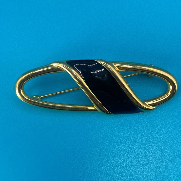 Gold Tone Jewelry Lot Curb Chain Necklace Large Flat Hoop Earrings Enamel Brooch - Picture 3 of 9